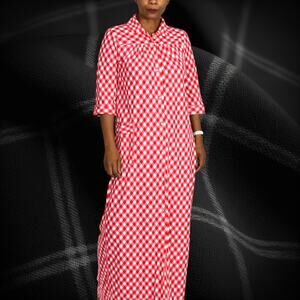 Vintage Plaid Flannel House Coat Red Gingham Robe Button Front Check Size Medium